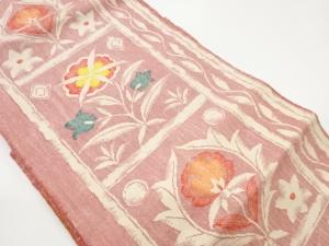 手織り真綿紬草花模様織出し名古屋帯